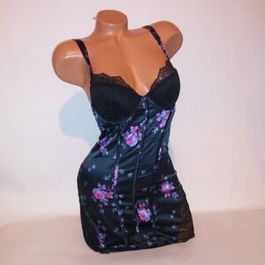 Victoria Secret Lingerie Chemise Slip Medium Black Pink Purple Floral Lace Trim